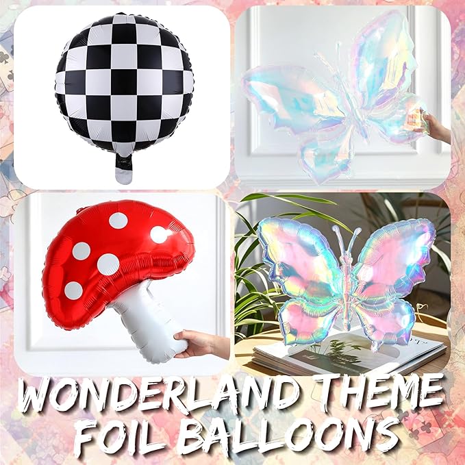 Fairy Wonderland Balloon Arch Kit,163Pcs Purple Hot Pink Balloon Garland with Iridescent Butterfly,Mushroom,Chessboard Foil Balloons for Alice Princess Birthday Onederland Garden Tea Party Decorations