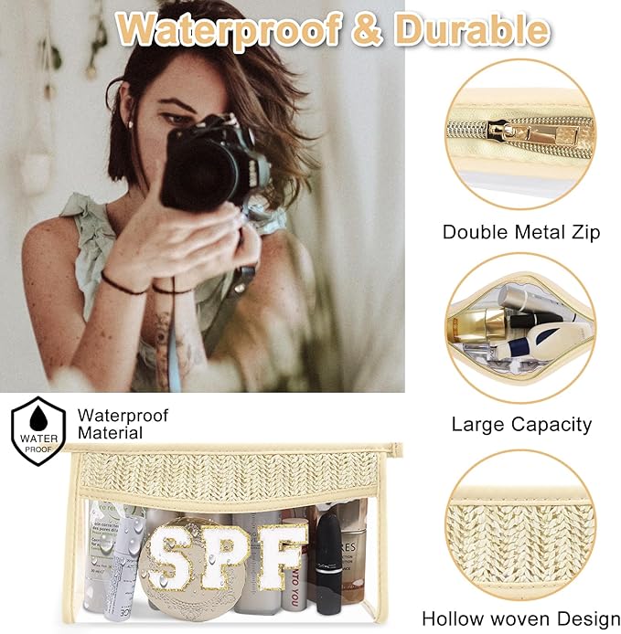 Iqimott Boho Patch SPF Bag Clear Makeup Letter Bag, Waterproof Zipper Make up Bags Toiletry Pouch for Women Girls, Clear Letter Patch Cosmetic Bags Transparent Organizer Pouch for Travel(SPF, Beige)