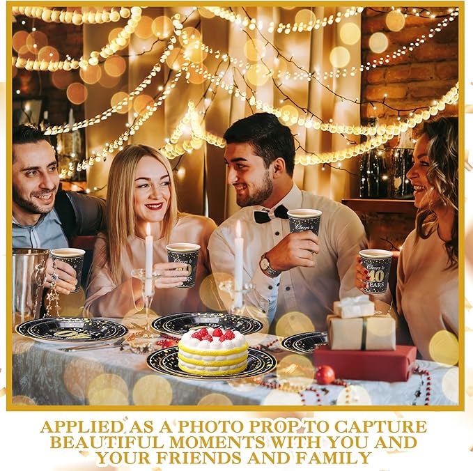 Pickmesh 250 Pcs 40th Birthday Party Supplies Decorations Serve 50 Black Gold Cheers to 40 Years Disposable Paper Plates Napkins and Cups for Women Men 50th Birthday Wedding Anniversary Party Supplies