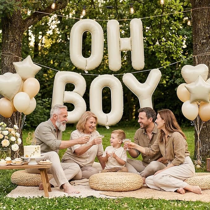 40 Inch Beige Oh Boy Balloons, Large Cream White OH BOY Balloon Letters, Neutral Ivory Sand White Big Alphabet Banner Sign Balloon for Boys Birthday Baby Shower Gender Reveal Party Decorations