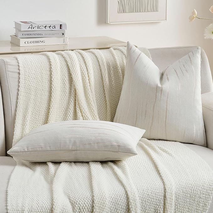 FUTEI Cream Chenille Decorative Throw Pillow Covers 12x20 Inch Set of 2,Soft Embossed Striped Textured Lumbar Pillow Cases,Modern Home Decor for Couch Bed Living Room