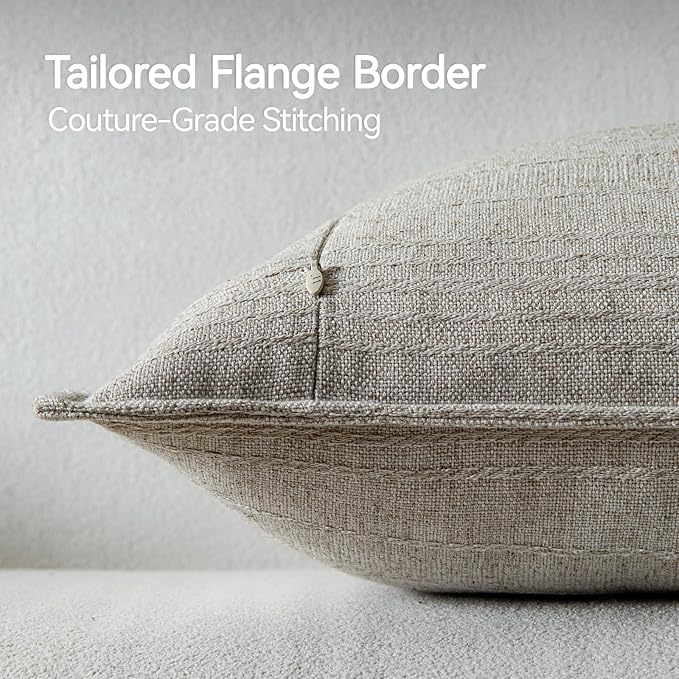 a moment Linen Pillow Covers Set of 2,Boho Farmhouse Throw Pillowcases Neutral Textured Decorative Covers for Couch Sofa Bed, Soft Linen Blend Accent Case Cushion Home Decor 20"x20" Beige Grey