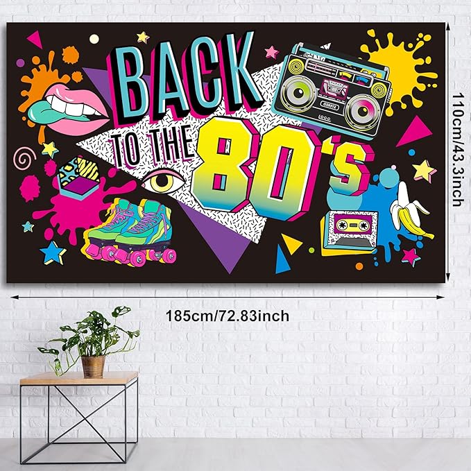 Irenare Back to the 80's Party Banner Backdrop Decorations Supplies for Photography Background, 73 x 43 x 0.04 Inch