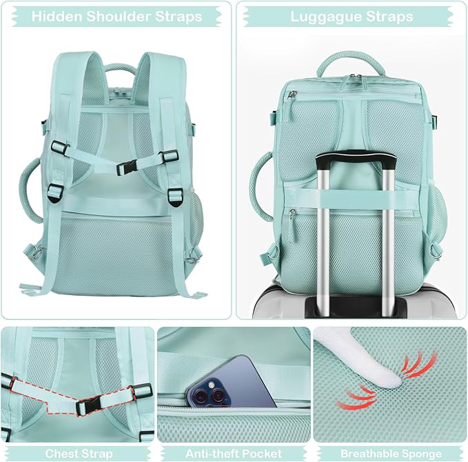 Hanples Large Travel Backpack for Women as Person Item Flight Approved, 35L Carry on Backpack, 17 Inch Laptop Backpack, Waterproof Backpack,Casual Bag with 2 Toiletry Bags (Mint Green)