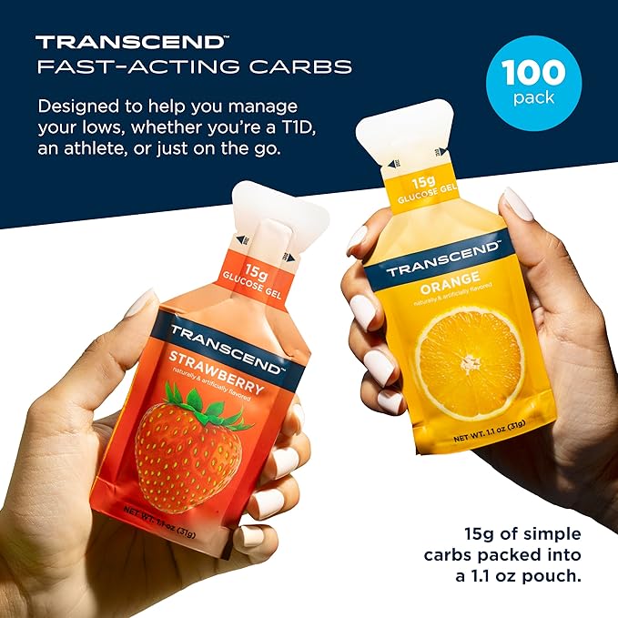Transcend Foods Strawberry + Orange Gels (1.1 oz, Pack of 100) Fast-Acting Carb Gel Strawberry and Orange Flavor – Caffeine Free, Gluten Free