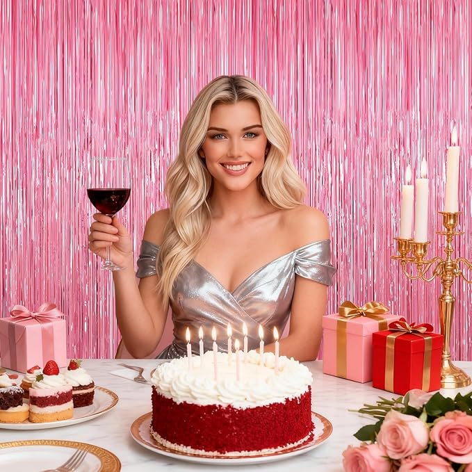 2 Pack Glitter Pink Backdrop, Pink Party Streamers Birthday Party Decorations, Laser Pink Fringe Curtains Foil Streamer Tinsel, Pink Curtains Photo Backdrop Happy Birthday Backdrop