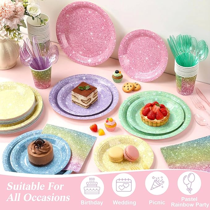 Hushee 175 Pcs Pastel Rainbow Holographic Print Party Supplies Guests Disposable Dinnerware Set Include Paper Plates, Napkins, Cups, Plastic Cutlery for Wedding Birthday Disco Bachelorette