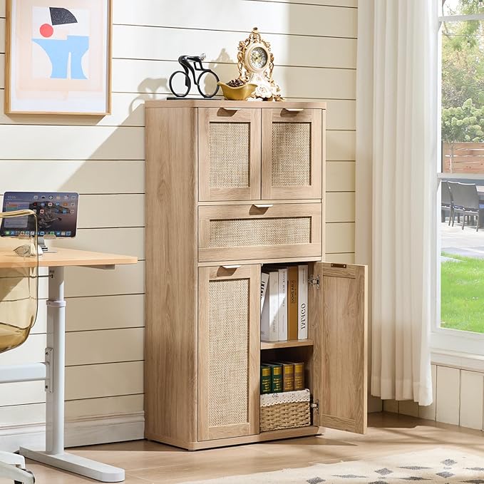 LEYAOYAO 48" Tall Storage Cabinet,Rattan Bathroom Floor Cabinets with 4 Doors & 1Drawer,Boho Kitchen Pantry with Adjustable Shelves,Wooden Cupboard for Living Room,Home Office,Dining,Natural Wood