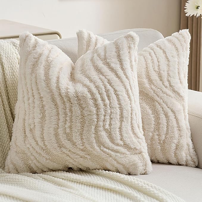 FUTEI Cream Decorative Throw Pillow Covers 18x18 Inch Set of 2,Soft Faux Fur Geometric Shapes Texture Cushion Case,Boho Home Decor for Couch Bed Living Room