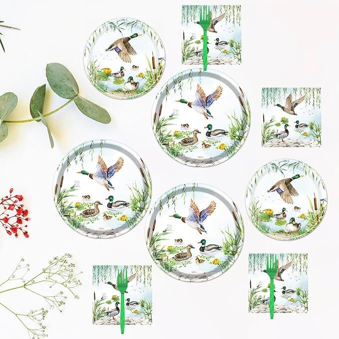 Rakuto Mallard Duck Party Plates and Napkins Party Supplies, 96PCS One Luck Duck Birthday Decorations, Disposable Paper Duck Birthday Party Baby Shower Dinnerware Serves 24