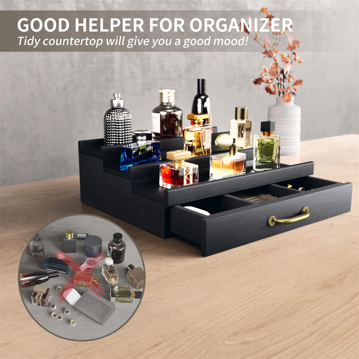 YIKIBOX Cologne Organizer for Men,Wooden Perfume Organizer with Hidden Compartment and Drawer,Cologne Stand and Storage Display Risers for Dresser,Great Gift for Men/Friend(Black)