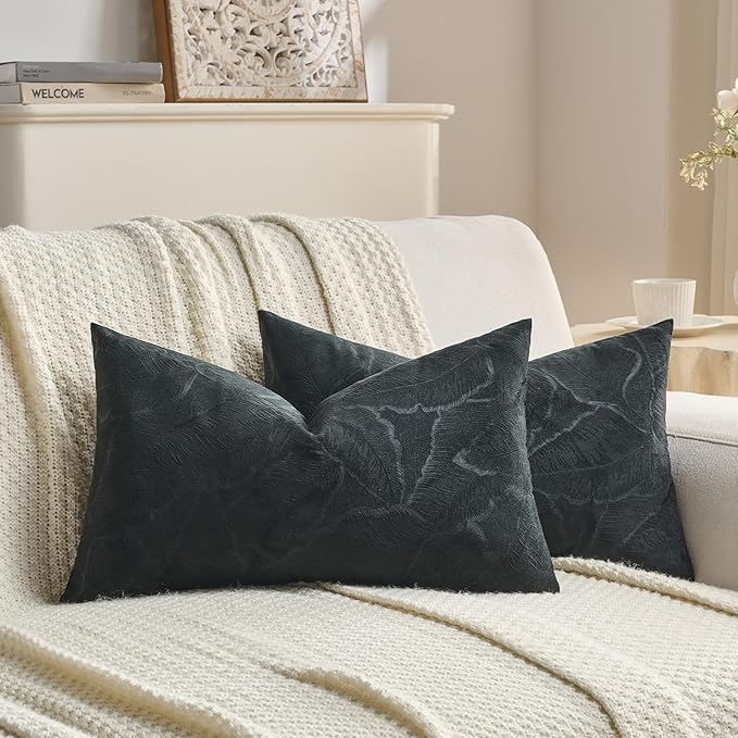 FUTEI Black Velvet Throw Pillow Covers 12x20 Inch Set of 2,Soft Embossed Leaf-Relief Textured Lumbar Pillow Cases,Natural Home Decor for Couch Living Room