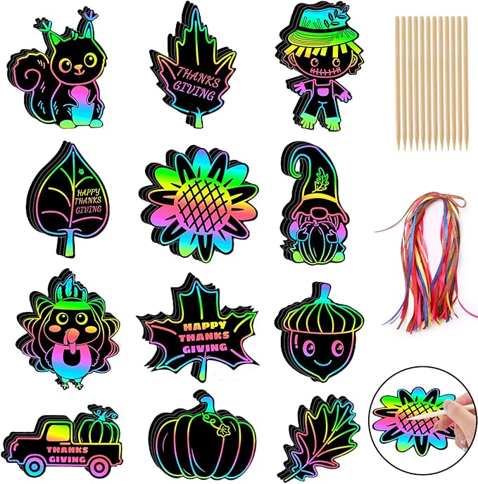 JULMELON 36Pcs Fall Leaves Pumpkin Turkey Magic Rainbow Scratch Paper for Activity Autumn Harvest Thanksgiving Gifts