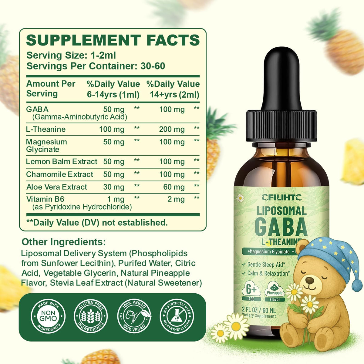 Liposomal GABA L-Theanine Drops for Kids - Liquid GABA Supplement with Magnesium, Chamomile, Lemon Balm & Vitamin B6 - Support Relaxation, Focus & Stress Relief for Kids & Adults - Pineapple Flavor