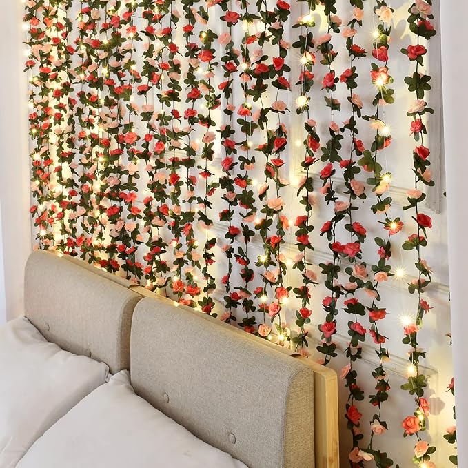MARTINE MALL Flower Garland Rose Vines, 12 Strands 99Ft Flowers Vines for Bedroom, Rose Flower Garland Decoration, Rose Floral Garland for Room Table Birthday Wedding Party Garden Wall Decor
