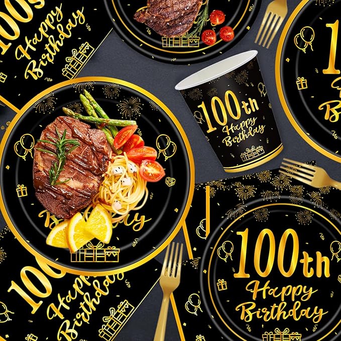 120Pcs 100th Birthday Party Supplies Plates Napkins Cups Forks Tableware Set Gold Black Happy 100th Birthday Themed Disposable Tableware Decoration Serves 24 Guests for Men Women 100 Years Old