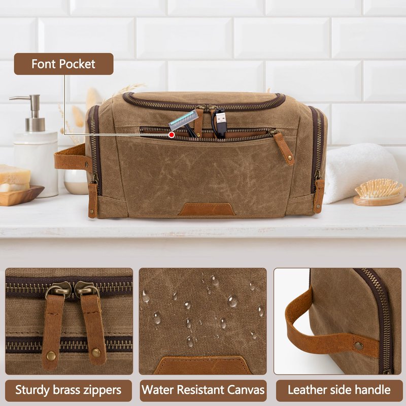 Yarwo Hanging Toiletry Travel Bag for Men, Waxed Canvas Men Dopp Kit Hygiene Bag with Detachable Zipper Pouch, Water-resistant Shaving Storage Bag for Razor and Travel Essentials, Xmas Gift for Man