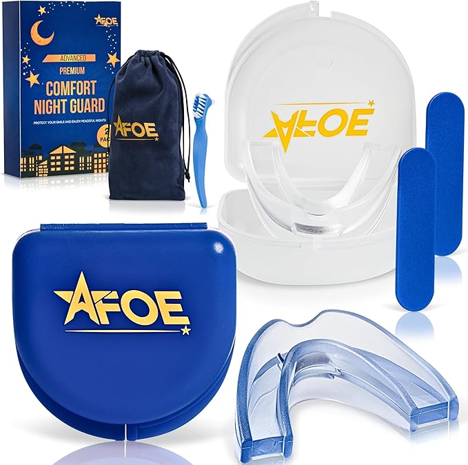 2-Pack Dual-Mold Bruxism Night Guards, Premium Comfort for Teeth Grinding & TMJ Relief (Clear & Blue), BPA & Latex-Free, Custom Dental Guards, Travel Cases & Brush – by AFOE