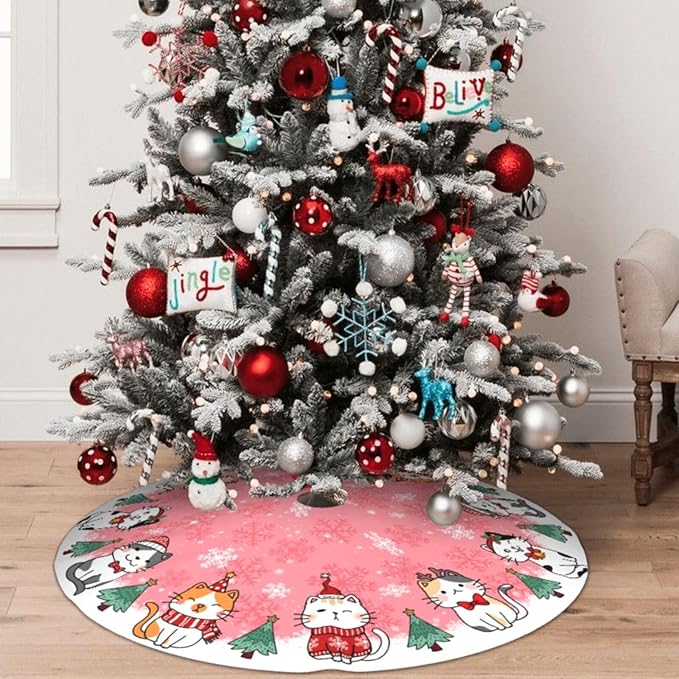 Cute Christmas cat Tree Skirt Xmas Tree Mat Christmas Tree Ornaments Decorations Holiday Party Indoor Outdoor 30"