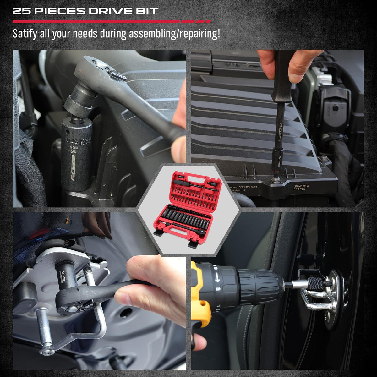 64-Piece 1/4" Drive Impact Socket Wrench Driver-Bits Set, Cr-V Metric&SAE Deep and Shallow Socket Set, S2 Power Bits with Quick-Release Ratchet Handle, Universal Joint, Bit Holder, Power Drill Adapter
