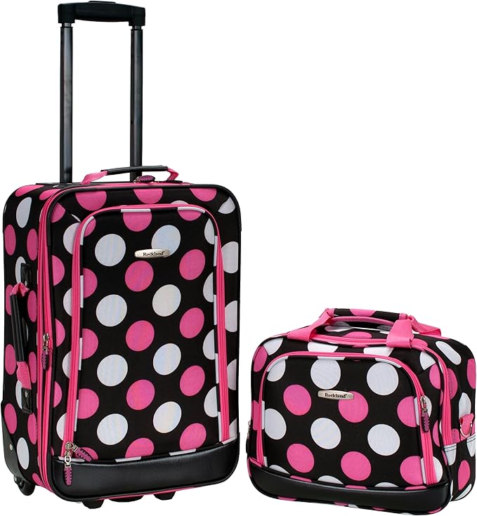Rockland Fashion Softside 2 Piece Luggage Set, Expandable, (14" Tote/19" Upright), Multi Pink Dot