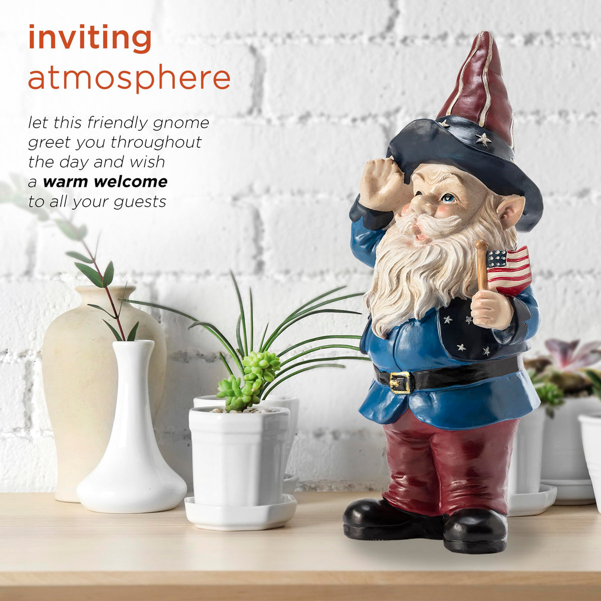 Alpine Corporation 12" Tall Outdoor Patriotic Garden Gnome Saluting Yard Statue Decoration