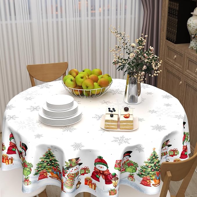 Christmas Snowflake Round Tablecloth White Tablecloth 70 Inch Xmas Snowman Pattern Circle Table Cloth Winter Holiday Table Cover Indoor Decor for Home Kitchen Dinning Party