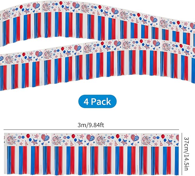 4th of July Decoration 4 Packs 10 Feet Long Foil Fringe Star Garland Memorial Day USA Red White Blue Independence Day Tinsel Metallic Streamers Patriotic Banner Car Parade Floats Garden Trailer