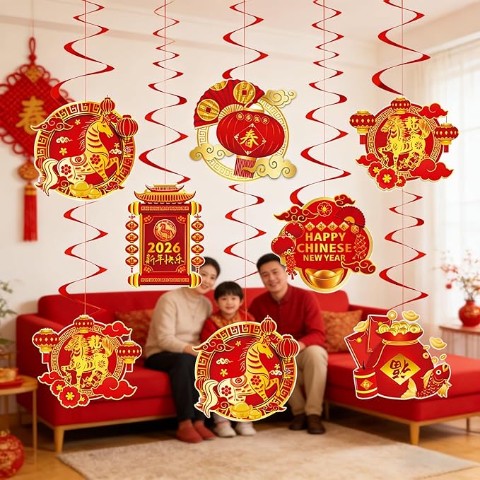 KYMY 2026 Chinese New Year Hanging Swirls Decorations Kit, 24pcs Spring Festival Lunar New Year Streamers & Cutouts for Zodiac Horse Oriental Asian New Year Home Office Party Supplies