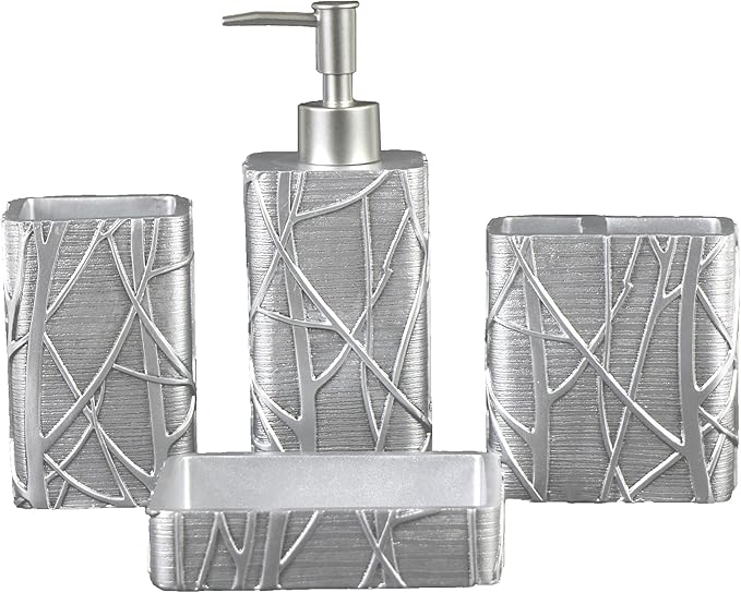 Hymmah Silver Bathroom Accessories Set,Toothbrush Holder,Farmhouse Bathroom Decor,4 Pcs Resin Gift Set Apartment Necessities, Contain Toothbrush Cup,Soap Dispenser,Soap Dish,Tumbler
