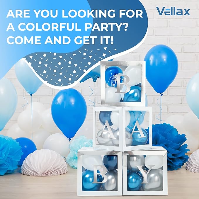 Baby Shower Boxes with Letters – Silver Boxes with Silver & Blue Balloons – 44-Piece Gender Reveal & Party Decoration Set by Vellax