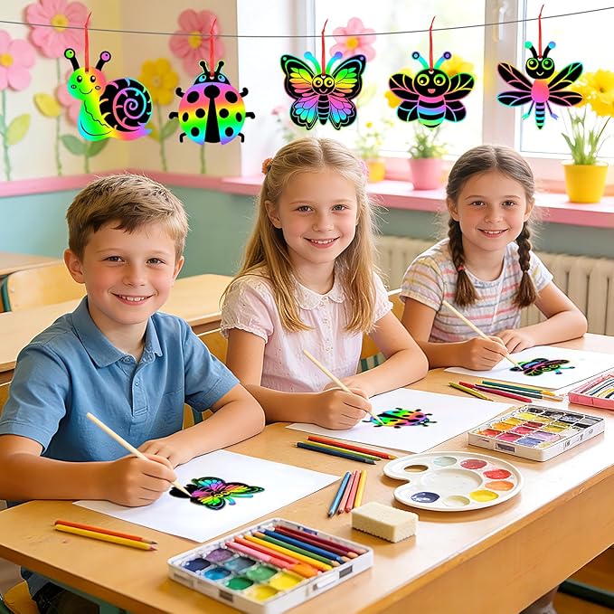 JULMELON 36 Pcs Spring Bugs Scratch Cards, Flower Rainbow Magic Color Art Crafts Kit with 12 Bamboo Stylus and 36 Ribbon for Kids School Classroom DIY Spring Crafts Art Project