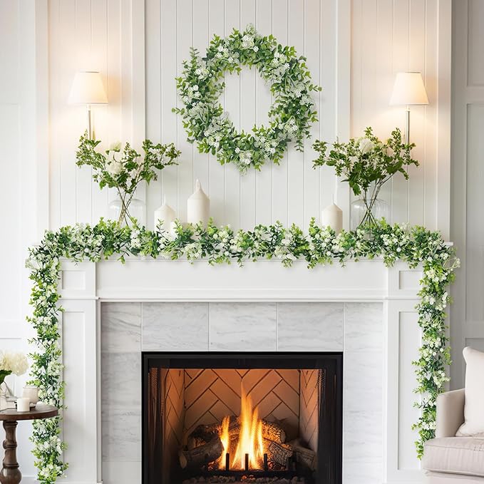 6FT Eucalyptus Garland with Flowers, 2 Pack Artificial Greenery Garland Hanging Spring Eucalyptus Garland Suitable for Table Wedding Backdrop Arch Wall Party UV Protected Indoor Outdoor Decor