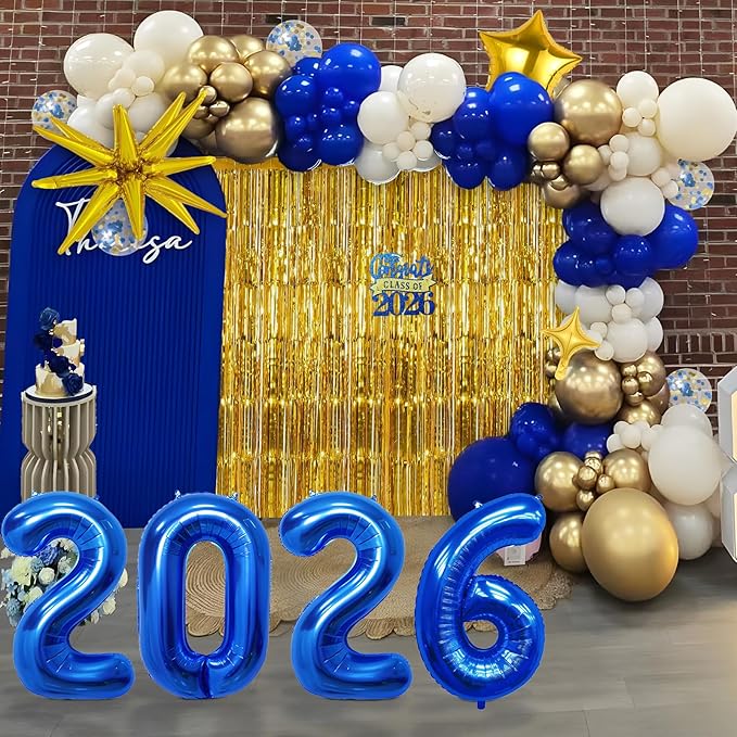 Graduation Balloon Garland Arch Kit for Graduation Decorations Class of 2026 - Blue Gold and White Balloons Different Sizes 5 12 18 Inch Graduations Balloons Arch for Grad Party Supplies