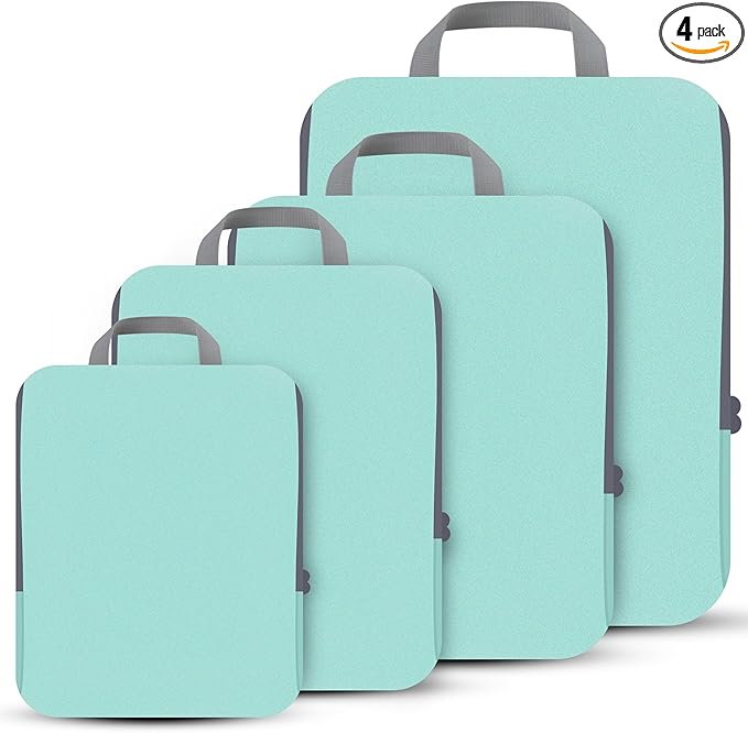 PANDA JOYS 4 Set Compression Packing Cubes Travel - Travel Accessories Expandable Packing Organizers for Carry On - Essentials Luggage Bags - Light Teal