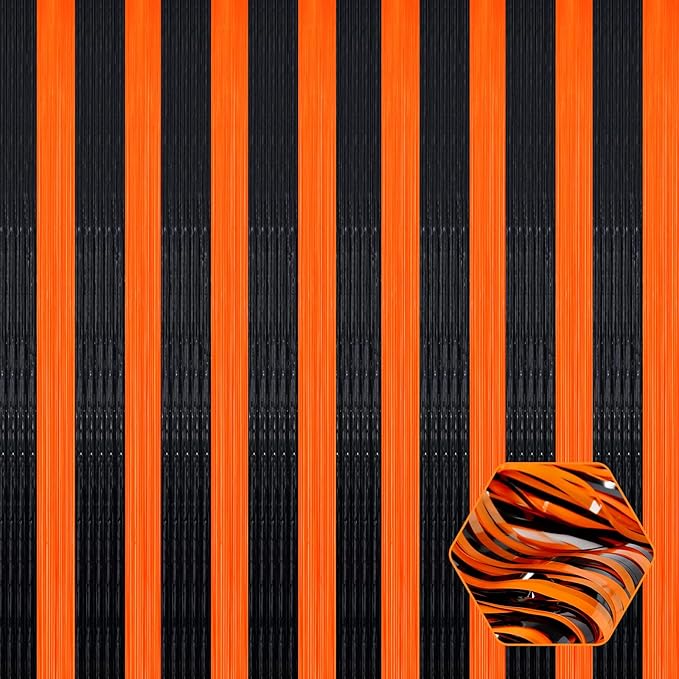 3 Pack Black Orange Foil Fringe Curtain Backdrop, 3.28Ft x 6.6Ft Metallic Tinsel Foil Fringe Streamer Curtains for Photo Booth, Christmas Day, Thanksgiving, Wedding, New Year Party Decorations