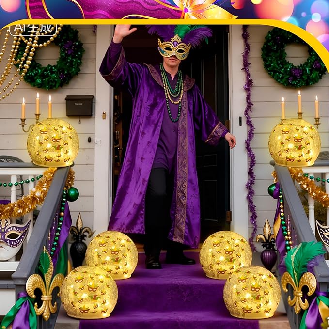 2 Pcs Mardi Gras Crackle Glass Globe Decor 4" Carnival Ball Lamp Night Lights with LED Timer Battery Operated Lighted Decorative for Bedroom Living Room Kitchen Garden Table Centerpiece Gift