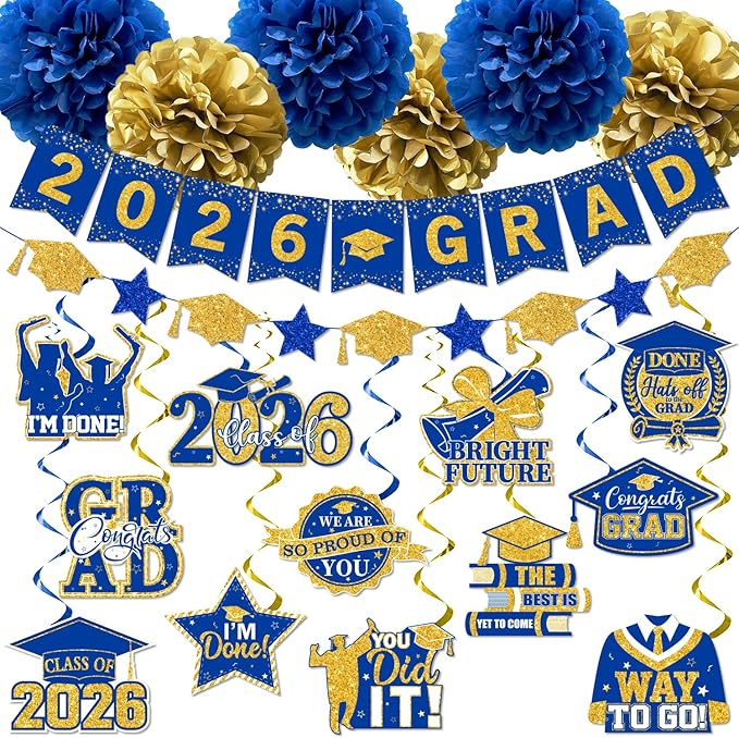 Blue and Gold Graduation Decorations 2026, 2026 Grad Banner and Congrats Grad Hanging Swirls, Blue Graduation Banner Graduations Hanging Swirls College Graduations Party Decorations Class of 2026