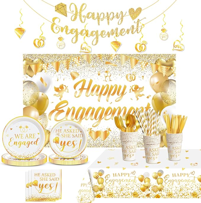 Engagement Party Decorations, Happy Engagement Party Supplies Kit, He Asked She Said Yes Paper Plates Napkins Disposable Dinnerware Tablecloth Backdrop for Wedding Proposal Party Decor, Serve 20
