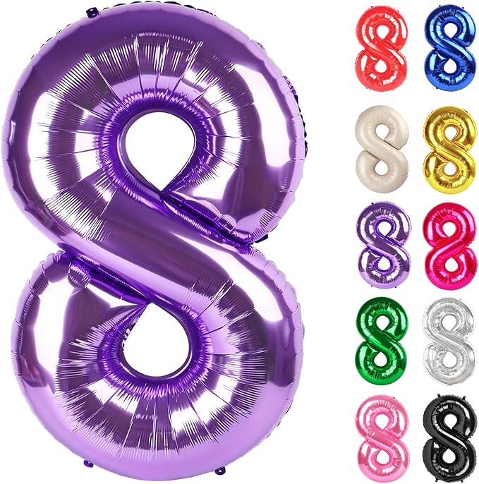 Purple Number 8 Balloon 40 Inch, 8 Balloon Number, 8th Birthday Decorations, Purple Party Supplies for Boys Girls