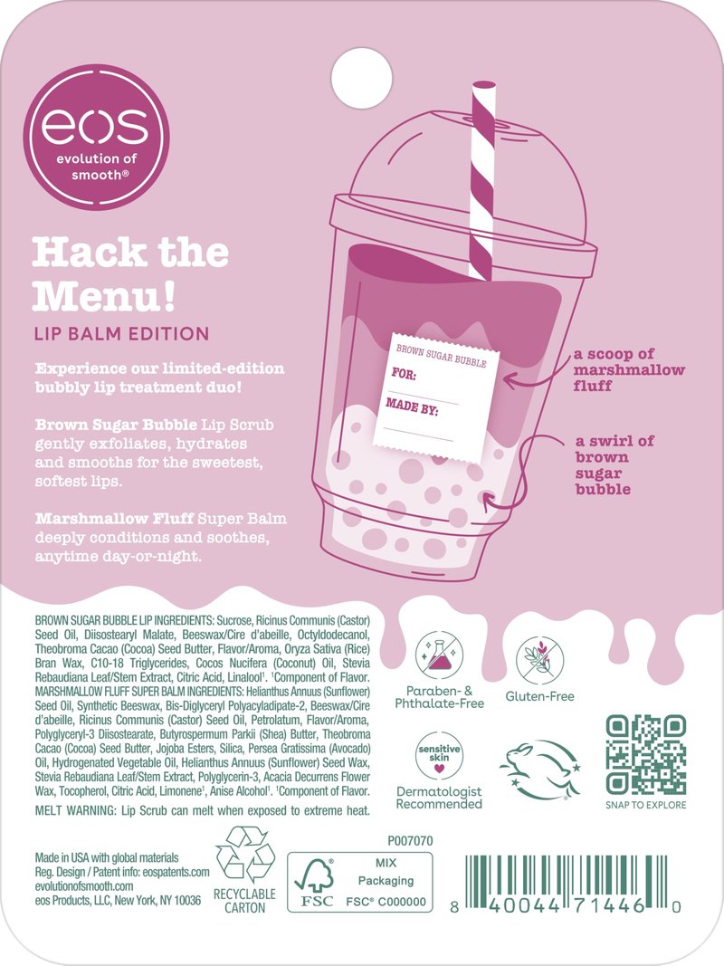 eos Flavor Lab Secret Menu Gift Set - Brown Sugar Boba Lip Scrub Exfoliator & 24H Moisture Super Balm, Limited-Edition Lip Treatment, Nourishing, 2-Pack
