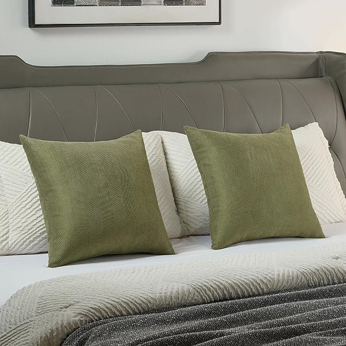 FUTEI Moss Green Chenille Throw Pillow Covers 18x18 Inch Set of 2,Soft Wide Chevron Textured Cushion Case,Farmhouse Home Decor for Couch Bed Living Room