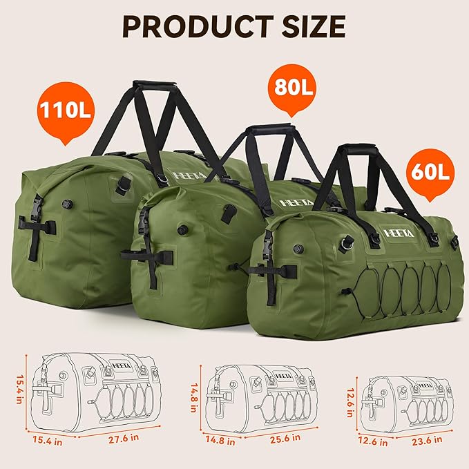 HEETA Waterproof Duffel Bag Motorcycle Dry Bag Backpack, 60L/80L Extra Large Rolltop Travel Duffle Bags with Straps & Handles for Kayaking Rafting Boating Canoeing Camping Gym Beach Cruise Ship