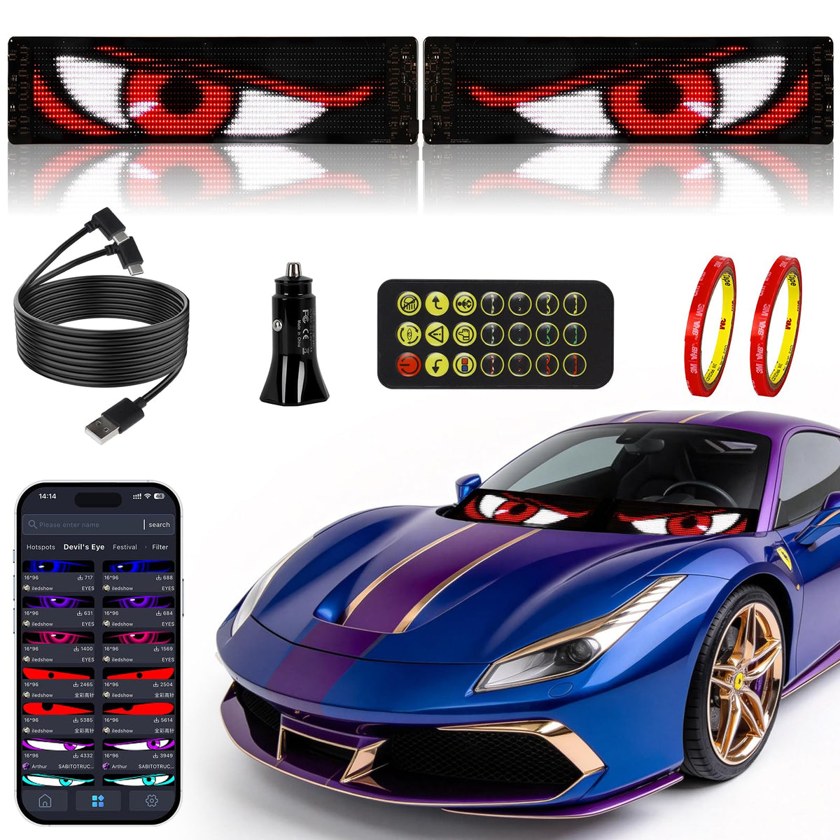 Devil Eyes Light for Cars 2PCS, 15x3.94 Dual LED Eyes for Car Windshield, Programmable Patterns, App/Remote Control, 5V USB