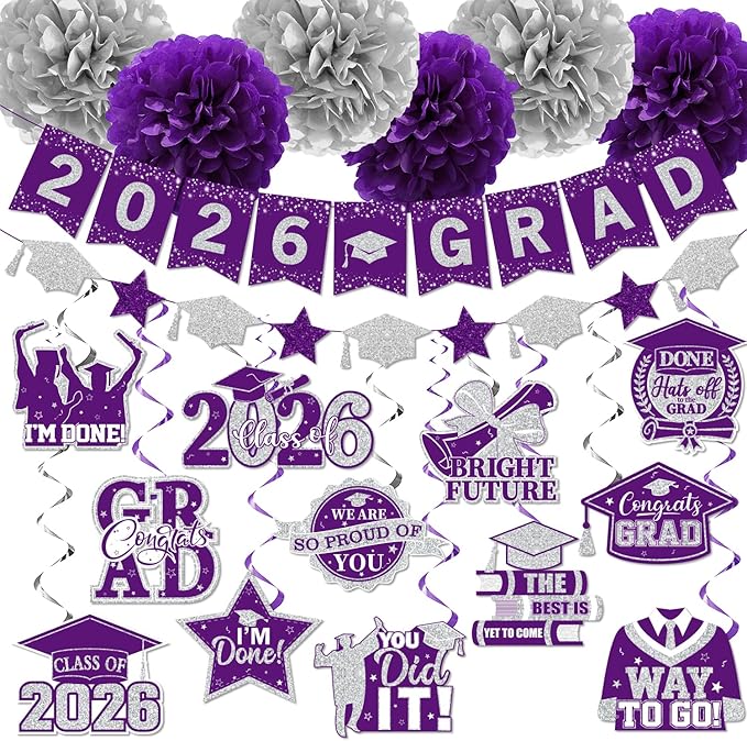 Purple Graduation Decorations 2026, 2026 Grad Banner and Congrats Grad Hanging Swirls, Purple and Silver Graduation Banner Graduations Hanging Swirls College Graduations Decorations Class of 2026