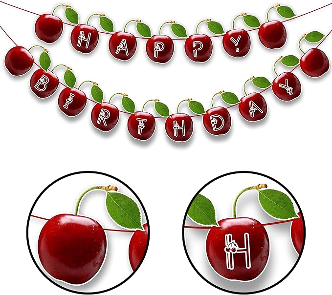 Cherry Happy Birthday Banner – Fruit-Themed Birthday Decoration Banner for Indoor Party Setup, Wall Hanging Display, Dessert Table Background, Photo Booth Backdrop, and Creative Birthday
