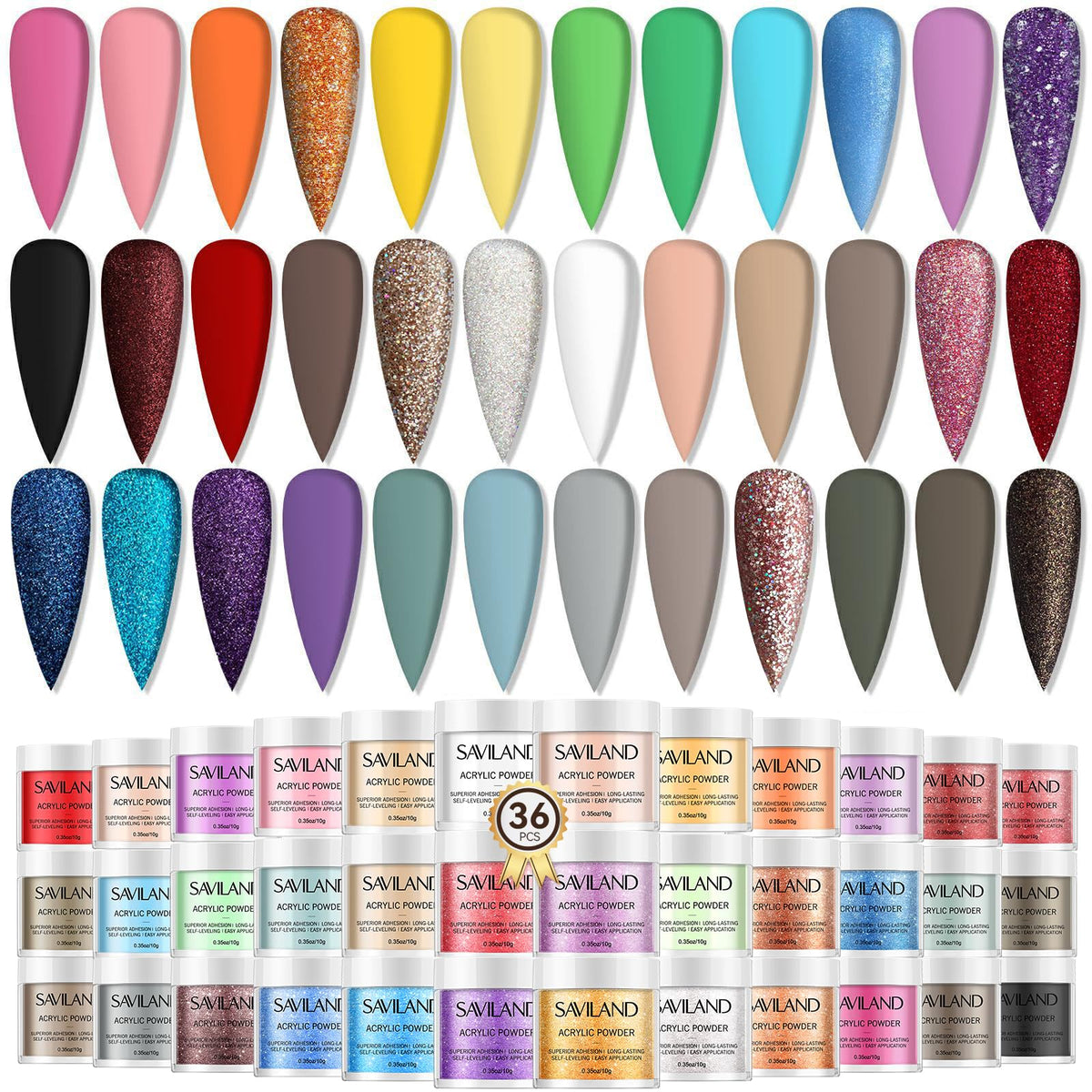 SAVILAND Color Artistry Acrylic Powder Set 36 Colors: Creative Palette Keratin Acrylic Nail Powder Pink Nude Yellow White Nail Powders Kit For Extension Carving DIY Manicure 10g