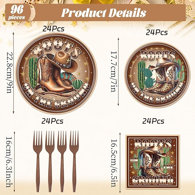 Rakuto Boots on the Ground Decorations, 96PCS Western Cowboy Party Brown Disposable Paper Plates and Napkins Decoration, Boots on the Ground Birthday Forks Table Decor Serve 24