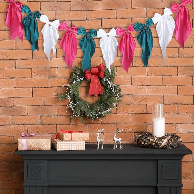 VitalCozy 1 PCS Christmas Bow Garland Banner, Satin Ribbon Hanging Party Bow Garland Decoration for Holiday Birthday Party Supplies