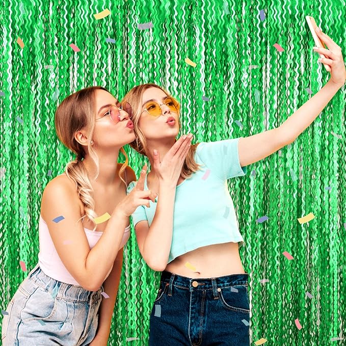 4 Pack Green Wave Foil Fringe Curtain Backdrop, 3.28Ft x 8.2Ft Metallic Tinsel Foil Fringe Streamer Curtains for Photo Booth, Mother's Day, Easter, Birthday, Wedding Party Decoration